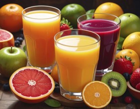 Fresh fruit juices in glasses, surrounded by colorful fruits, showcasing healthy drinking and
