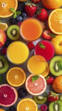 Fresh fruit juices in glasses, surrounded by colorful fruits, showcasing healthy drinking and