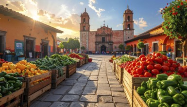 Traditional Mexican plaza with crates of peppers, onions, and tomatoes, economic prosperity in