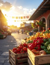 Traditional Mexican plaza with crates of peppers, onions, and tomatoes, economic prosperity in