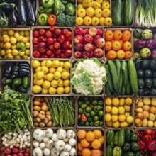Fresh fruits and vegetables in a market display, aerial view perpendicular top down, healthy eating
