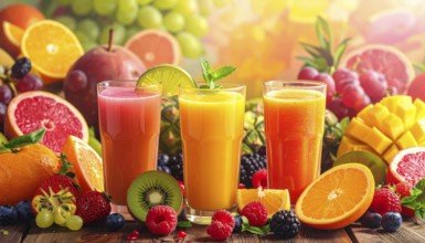Fresh fruit juices in glasses, surrounded by colorful fruits, showcasing healthy drinking and