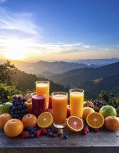 Fresh fruit juices in glasses, surrounded by colorful fruits, showcasing healthy drinking and