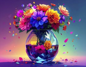 Crystal glass vase with vibrant blooming flowers, vibrant vector drawing illustration for fresh