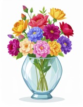Crystal glass vase with vibrant blooming flowers, vibrant vector drawing illustration for fresh
