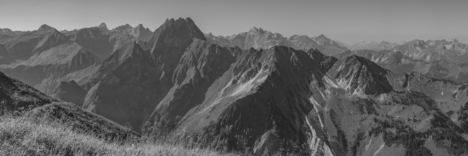 Mountain panorama from Laufbacher-Eckweg to Höfats, 2259m, Allgäu Alps, Allgäu, Bavaria, Germany
