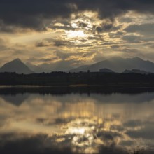 Sunset, Hopfensee, Hopfen am See, near Füssen, Ostallgäu, Allgäu, Bavaria, Germany