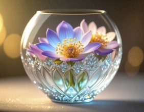 Crystal glass vase with vibrant blooming flowers, fresh spring and summer concept, AI generated