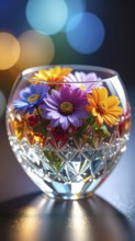 Crystal glass vase with vibrant blooming flowers, fresh spring and summer concept, AI generated