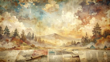 Grunge old public newspaper, texture background wallpaper illustration, vintage tattered yellow