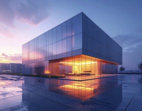 Modern building reflecting sunset light at dusk. Abstract Futuristic Business Background, AI