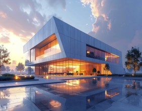 Modern building reflecting sunset light at dusk. Abstract Futuristic Business Background, AI