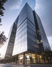 Modern building reflecting sunset light at dusk. Abstract Futuristic Business Background, AI