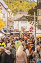 Busy shopping street in autumn, people strolling between modern buildings and colorful shops,