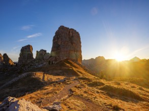 Five towers, Cinque Torri at sunrise, climbing rocks, Dolomites, Alps, Belluno province, Veneto
