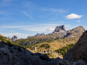 Alpine panorama over the Falzarego Pass, in the background Monte Antelao, Cima Ambrizzola and