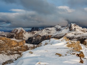 Puez Group and Geisler Peaks with fresh snow, Puez-Geisler nature park Park, Dolomites, Trentino,