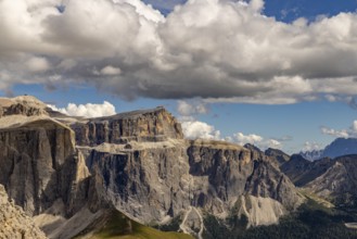 Pordoi peak with the 800-meter high west face, Piz Boe on the left, Civetta on the right,