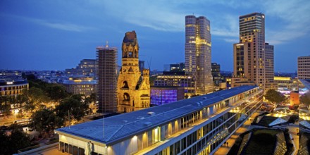 Bikini Berlin with Kaiser Wilhelm Memorial Church from an elevated position in the evening,