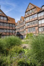 Facades of the historic brick buildings, inner courtyard, view over the city, Peterstraße,