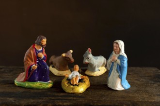 Traditional Provençal terracotta Santons figurines displayed for a crib in France showcasing local