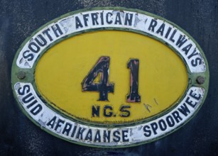 Plaque South African Railways on the historic steam locomotive no. 41 from 1912, manufacturer