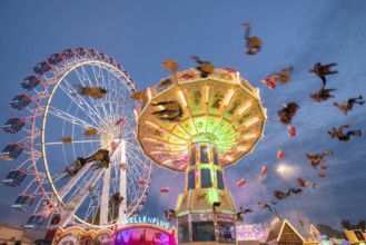 An illuminated chain carousel and Ferris wheel at night at a funfair, people swinging on chains,