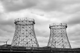 Scaffolding of former cooling towers, fan cooler, Zollverein coking plant, black and white photo,