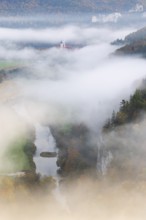 View of Benedictine monastery Beuron, Archabbey of St. Martin, Danube, river, limestone rock, rock