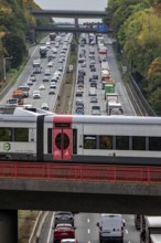 S-Bahn S28 crosses the A3 motorway between the Hilden junction and the Mettmann junction, view to