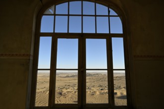View from a former dwelling house into the desert, Kolmanskop, restricted diamond area, Karas
