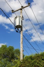 Electricity transformer, high voltage transmission wires, internet, telephone cables attached to