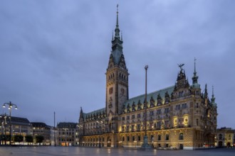 Town hall at the Rathausmarkt during the blue hour, Hamburg, Germany