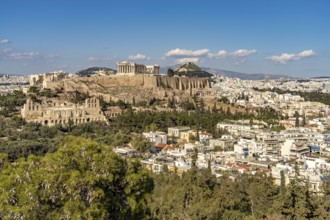 View of the Acropolis from Philopappos Hill in the Greek capital Athens, Greece