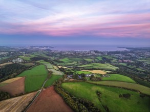 Twilight Sky of Torbay farms and fields from a drone, Totnes, Berry Pomeroy, Devon, England, United