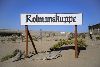 Sign Kolmanskop, diamond restricted area, near Lüderitz, Karas region, Namibia