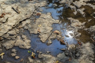 Accidental spilled oil in puddle of water in dried out flat rock river bed due to lack of rainfall