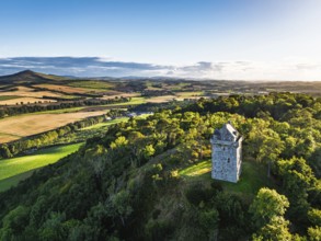 Fatlips Castle from a drone, Minto Crags, River Teviot, Roxburghshire, Scottish Borders, Scotland,