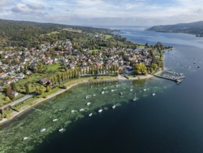 Aerial view of the village of Wangen on the Höri peninsula with boat moorings and jetty on the