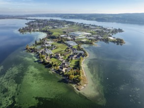 Aerial view of the north-western tip of the island of Reichenau in Lake Constance, with the