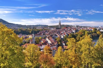 View of Bern's old town lined with colourful autumn trees, UNESCO World Heritage Site, Canton of