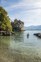 Bathing beach, Château de Chillon, Chillon Castle, near Montreux, Lake Geneva, Lac Léman, Canton