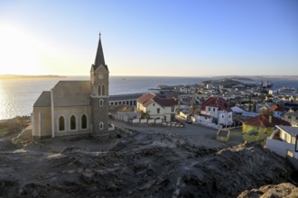 View of the rock church from 1912, blue hour, Lüderitz, Karas Region, Namibia