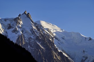From left snow-covered Aiguille du Midi, Mont-Blanc, Vallot Hut, Chamonix-Mont-Blanc, Haute-Savoie,