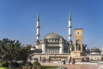 The Cumhuriyet Aniti Republic Monument and the Taksim Mosque on Taksim Square Taksim Meydani in
