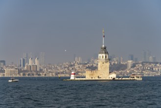 The Maiden Tower lighthouse, Leander Tower or Maiden Tower in front of the skyline of Istanbul,