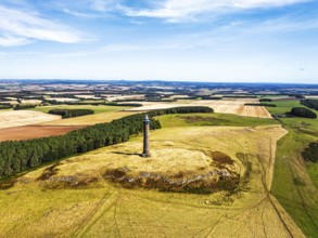 Waterloo Monument over Scottish fields and farms from a drone, Jedburgh, Scotland, UK