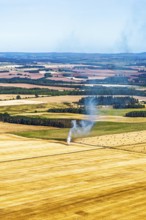 Scottish fields over Waterloo Monument from a drone, Jedburgh, Scotland, UK