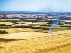 Scottish fields over Waterloo Monument from a drone, Jedburgh, Scotland, UK