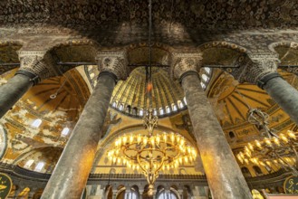 Columns in the interior of today's Hagia Sophia mosque or Church of St Sophia, former Byzantine